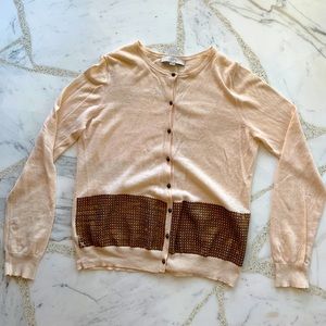 Cream beige cardigan w/ bronze buttons and sequins stripe on front bottom.